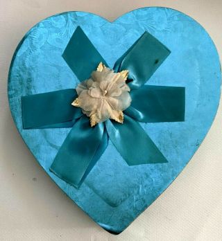 Rare Blue Foil Turquoise Vintage Valentine Heart Shaped Chocolate Candy Box 1960