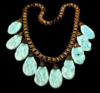 Rare Vintage Miriam Haskell Brass Bookchain Blue Glass Dangle Bib Necklace A32