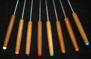 Set Of 8 - Vintage Fondue Forks - Wood Handles / Stainless Tines / Color Coded