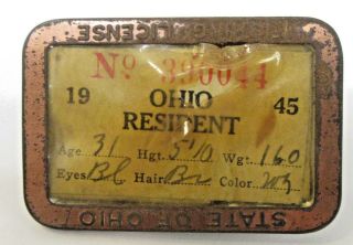 1945 Ohio Resident Fishing License Pinback Badge & Paper