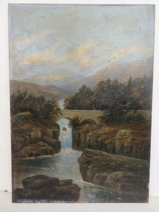 Really Old Painting Antique Oil Bridge Waterfall Signed