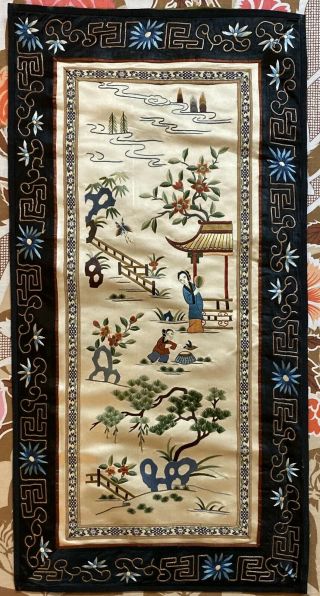 Antique Chinese Qing Dynasty Silk Hand Embroidery Scenery Panel 13 " X 26 "