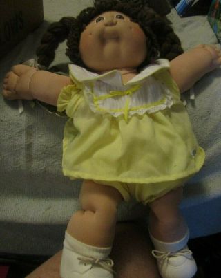 Vintage Cabbage Patch Doll 1984 Yellow Outfit White Sock And Shoes Brown Hair
