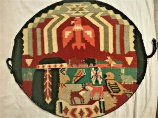 Rare Vintage Navajo Indian Round Pictorial Weaving Thunderbird,  Maiden,  Animals