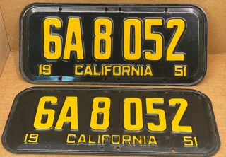 Rare Pair 1951 Dmv Clear 6a 8052 (california) Car License Plate - Vintage