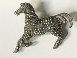 Antique Art Deco Vintage Sterling Silver And Marcasite Stone Horse Brooch 9.  04g