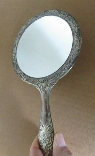 Antique Vintage Silver Plated Hand Mirror Ornate Floral Motif