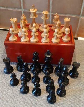 Vintage Antique Wooden Chess Set In Wooden Box