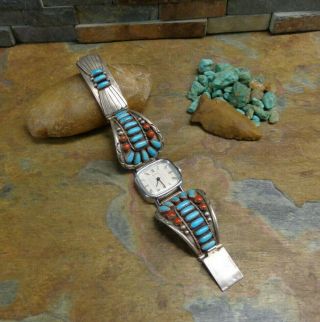 Wow Rare Navajo Turquoise Red Coral Sterling Watch Cuff Tips Native Old Pawn