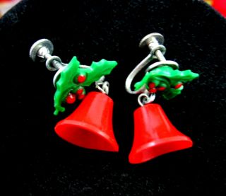 Earrings Vintage Holly Christmas Bells Screw Back Red Plastic Green Silvertone