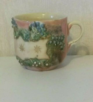 Antique Porcelain Mustache Cup Mug Pink Gold Embossed Hand Painted Victorian