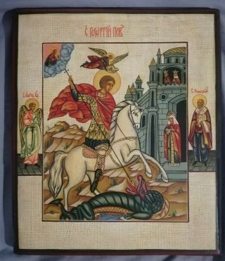 Rare Antique 20c Hand Painted Russian Orthodox Icon Of St George The Victorious