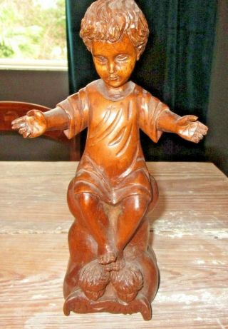 Vintage Wood Hand Carved Wooden Angel Cherub Folk Art 10 " Gorgeous