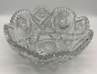Antique Cut Glass Crystal Bowl Large 10”w & 5 " H Star And Pinwheel Patterns