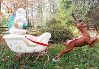 Vintage Santa Sleigh Reindeer Blow Mold Rare 1960s Outdoor Christmas Decoration
