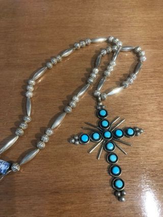 Rare Large Native American Vintage Sterling Silver Turquoise Cross Necklace
