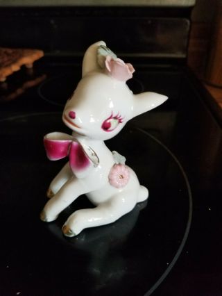 Rare Vintage White Porcelain Reindeer With Pink Flower And Gold Hooves Figurine
