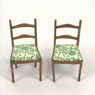 Vintage Dollhouse Furniture Side Chairs Dining Room Kitchen Wood Green Floral