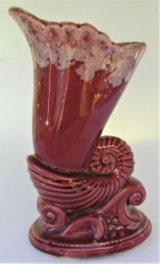 Vintage Art Pottery Cornucopia Flower Vase 1930 1940 Art Deco Splatter Maroon