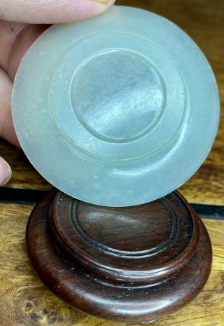 A Very Rare 18th Century Chinese Near White Jade Snuff Dish And Rose Wood Stand