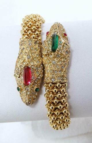 Rare Vtg Ciner Beaded Goldtone Rhinestone Art Glass Double Headed Snake Bracelet