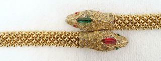 RARE Vtg Ciner Beaded Goldtone Rhinestone Art Glass Double Headed Snake Bracelet 2