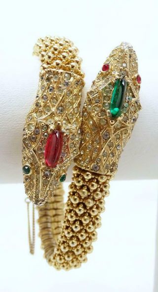 RARE Vtg Ciner Beaded Goldtone Rhinestone Art Glass Double Headed Snake Bracelet 5