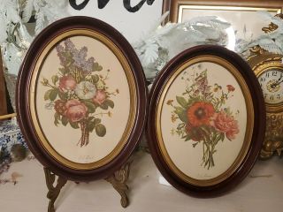 Vintage Jl Prevost Set Of 2 Botanical Floral Red Gold Oval Wooden Framed Prints