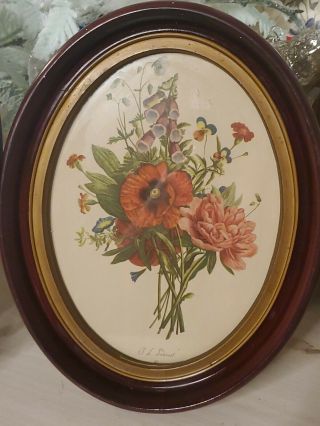 Vintage JL Prevost Set of 2 Botanical Floral Red Gold Oval Wooden Framed Prints 2
