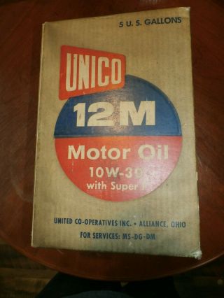 Vintage Antique Unico 12m Motor Oil 5 Gallon Tin Can Bucket W/ Advertising Cover