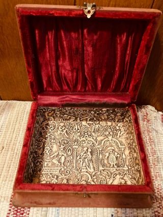 Antique Red Velvet Jewelry Box With Gothic Revival Victorian? Raised Interior
