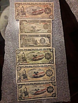 6 Antique Mexican Year 1914 Gobierno Provisional 1,  1,  2,  5,  20,  100 Pesos Bank Note