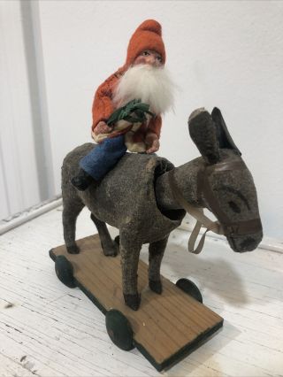 Rare Vtg Belsnickle Santa On Nodder Donkey Germany Paper Mache Spun Cotton 7”