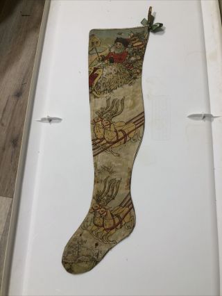 Antique Victorian 21” Christmas Stocking Lithograph S.  H.  Howe Linen Vintage Rare