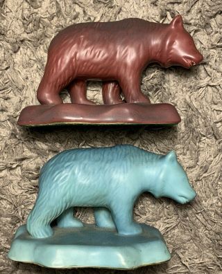 Rare,  Van Briggle Pottery,  Bear Bookends,  Ming Blue & Mulberry,  Circa 1922 - 1926