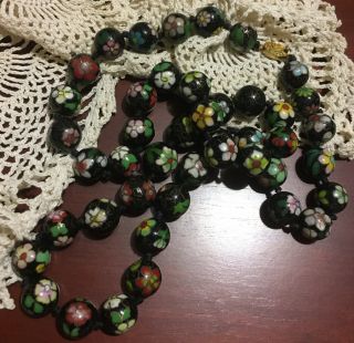 Vintage Chinese Cloisonne Enamel Round Black Floral Bead Necklace Stunning 31in