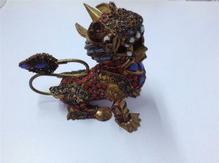Antique Chinese Foo Dog Guardian Lion Brass Filigree Coral/turquoise/lapis Inlay
