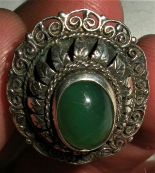 Antique C.  1910 Art Nouveau.  800 European Jade Silver Ring Great Design Vafo