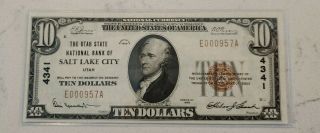Rare 1929 $10 The Utah State National Bank Of Salt Lake City Crisp Cu Note