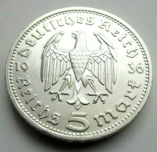 (948) Antique Wwii German 3rd Reich 1936 D 5 Reichsmark Silver Coin