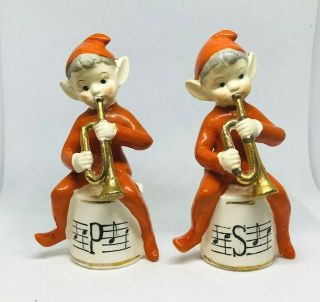 Vintage 1950s Elves Pixies Playing Horns Music Notes S & P Shakers Kitsch Rare