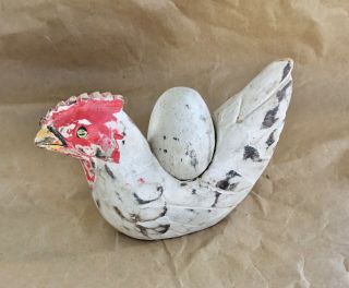 Antique Hand Carved Wooden Chicken Hen With Egg