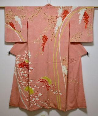 Japanese Kimono Silk Antique Houmongi / Embroidery Flower / Vintage Silk Fabric