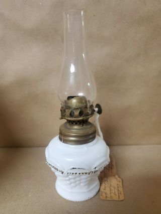 Vintage Miniature Antique 1894 Milk Glass Oil Lamp Basket Pattern