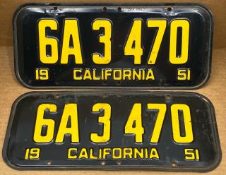 Rare Pair 1951 Dmv Clear 6a 3470 (california) Car License Plate - Vintage