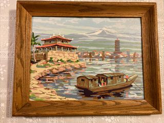 Vintage 12 X 16 Paint By Number Asian Flat Boat Pagoda Japan Fuji Mountain