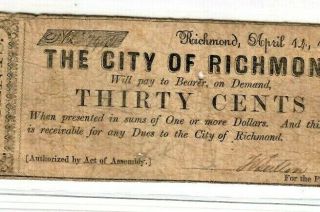 30 Cent " City Of Richmond " Rare 1800 