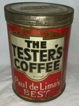 ANTIQUE THE TESTERS COFFEE TIN LITHO 1LB TALL CAN PAUL DE LIMA SYRACUSE NY CHEF 3
