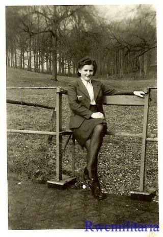 RARE Female Luftwaffe Helferin Blitzmädel Girl Posed Seated on Fence 2