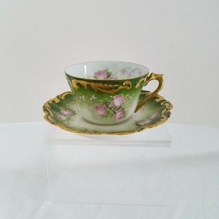 Antique T.  V Limoges France Pink Roses Gilt Green Cup & Saucer Hand Painted